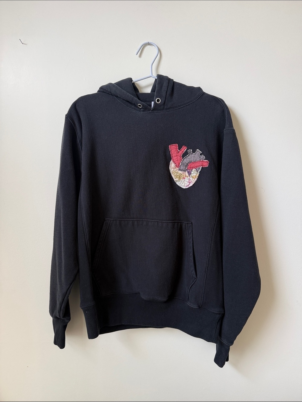 ⭐️ Handmade ANATOMICAL HEART soft black patchwork hoodie vintage Upcycle
